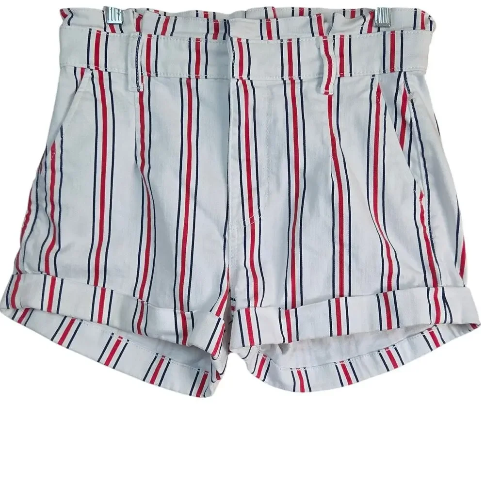 Red and Blue Stripped Cotton Blend High Rise Shorts Size 8